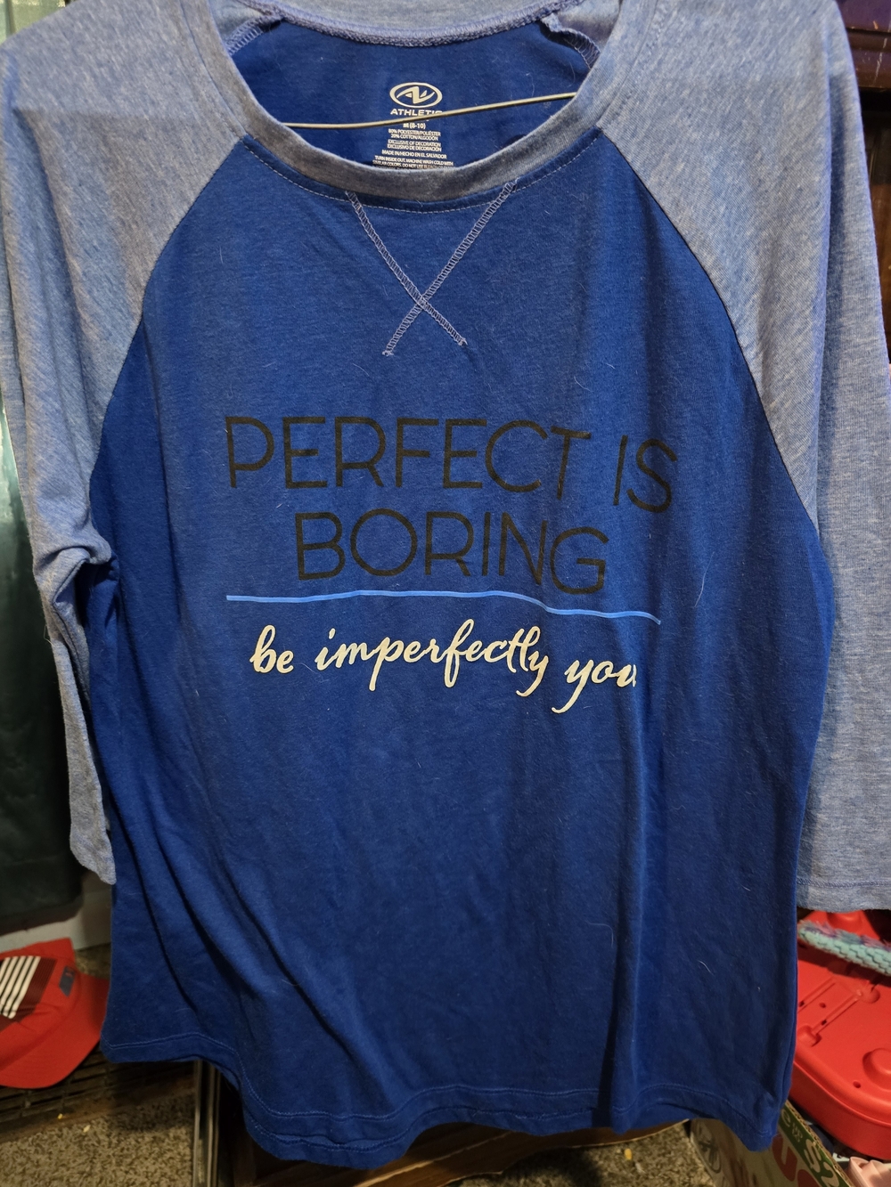 !!. Ladies M(8-10) Blue Raglan 3/4 Sleeve Shirt - "Perfect Is Boring"